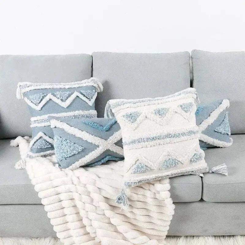 Blue Geometric Tufted Bohemian Pillow Covers Tassels Lengthen Bedroom Sofa Pillow Case For Living Room Sofa Home Decoration - Julia M LifeStyles