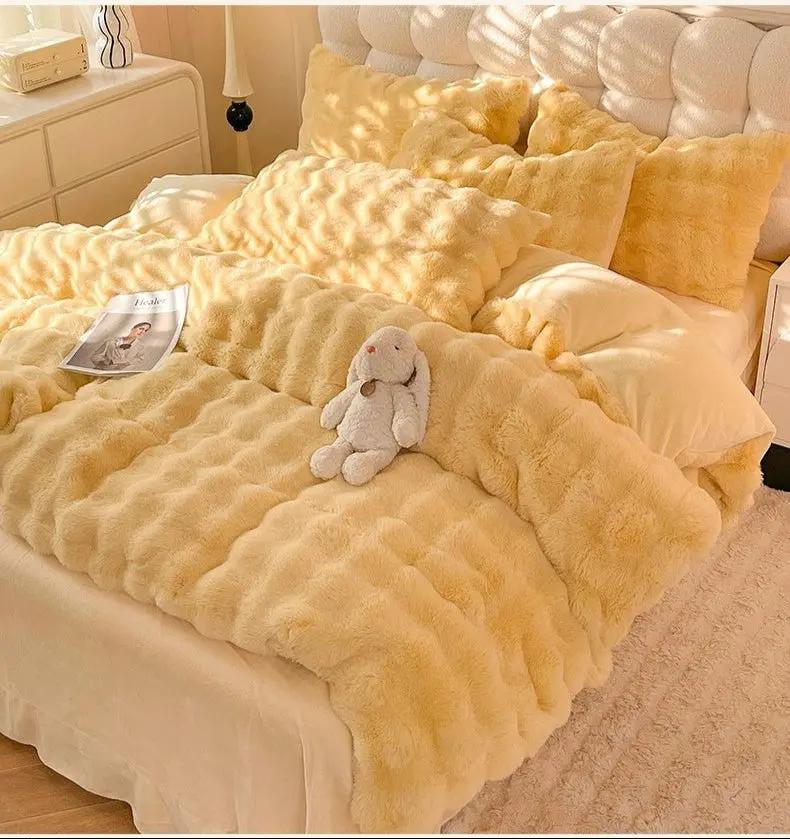 Rabbit Milk Fiber Four-Piece Set Winter Thicken Thermal Double-Sided with Velvet Flange Coral Fleece Bed Sheet Quilt Cover Three-Piece Set - Julia M LifeStyles