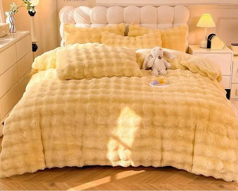 Rabbit Milk Fiber Four - Piece Set Winter Thicken Thermal Double - Sided with Velvet Flange Coral Fleece Bed Sheet Quilt Cover Three - Piece Set - Julia M LifeStyles