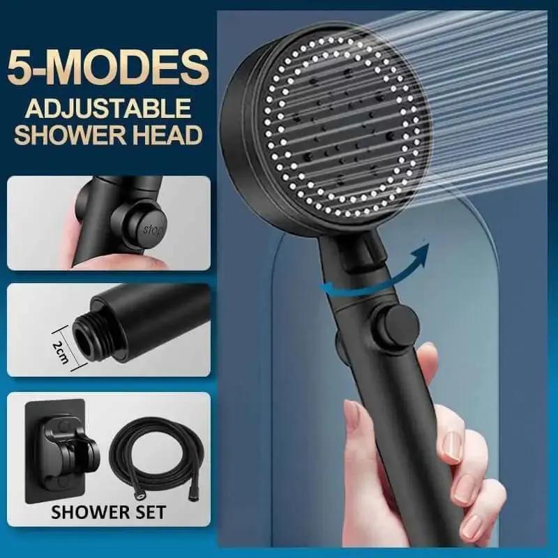 Shower Head Water Saving Black 5 Mode Adjustable High Pressure Shower - One-key Stop Water Massage - Julia M LifeStyles
