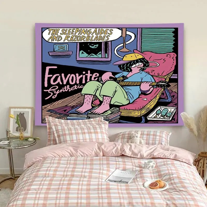 Cartoon-Style Cotton Bedside Tapestry for Dormitory Decor - Julia M LifeStyles