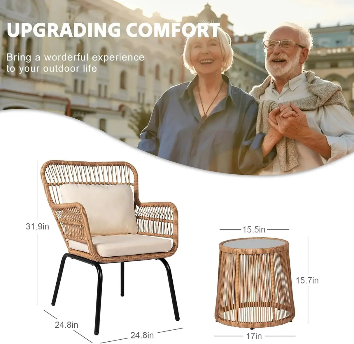 3 Piece Outdoor Wicker Furniture Bistro Set, Rattan Chairs Conversation Sets Porch Furniture - Julia M LifeStyles