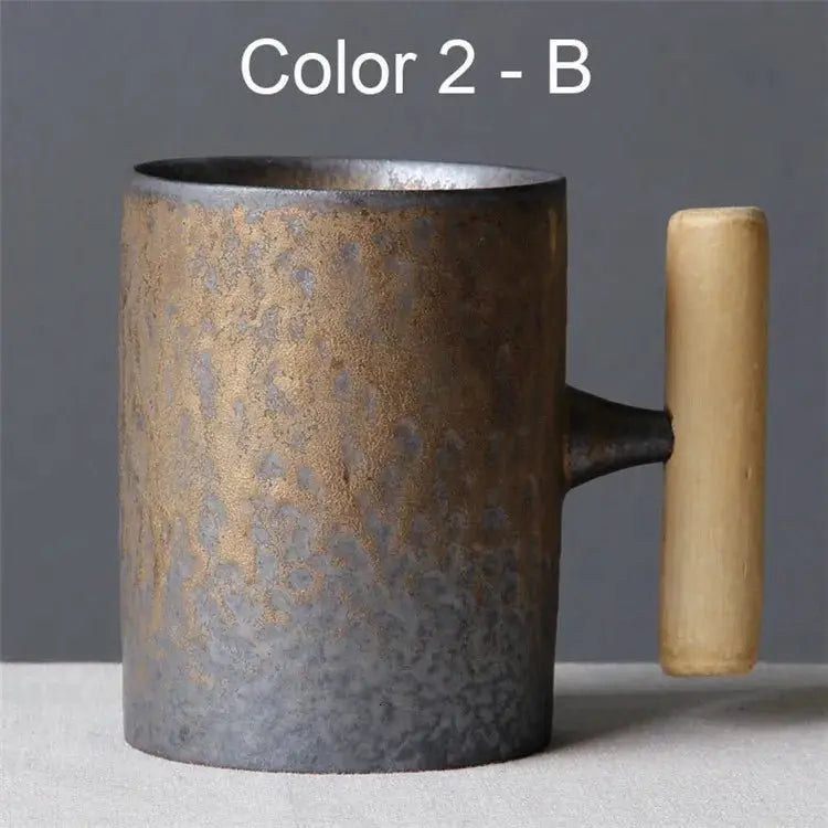 Japanese Vintage Tea Cup Set Ceramic Coffee Mug Rust Glaze Milk Cafe Cup with Wood Handle Water Cup Teacup Home Office Drinkware - Julia M LifeStyles