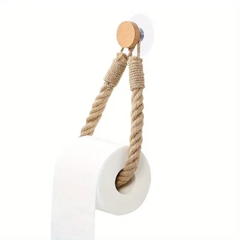 Wooden Hook Seamless Adhesive No Drilling Handmade Woven Hemp Rope Towel Rack Tissue Holder Bathroom Toilet eprolo