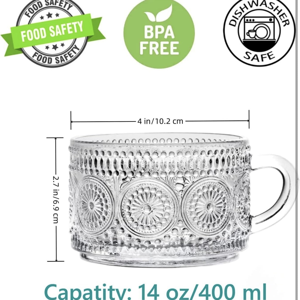 Vintage 14 Oz Embossed Glass Coffee and Tea Mugs Julia M LifeStyles