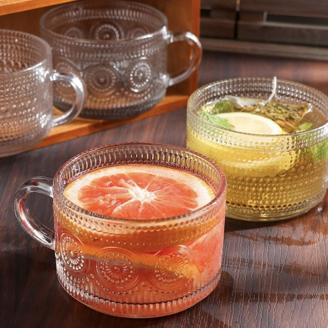 Vintage 14 Oz Embossed Glass Coffee and Tea Mugs Julia M LifeStyles