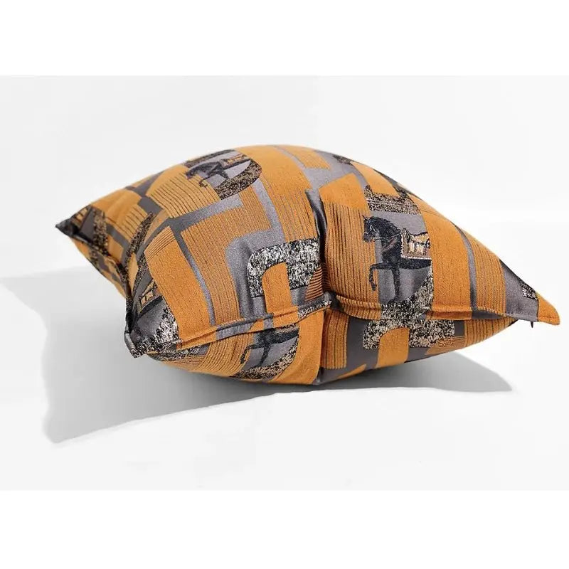 Orange Jacquard Pillow Cover with Black Horse Design for Modern Home Decor - Julia M LifeStyles