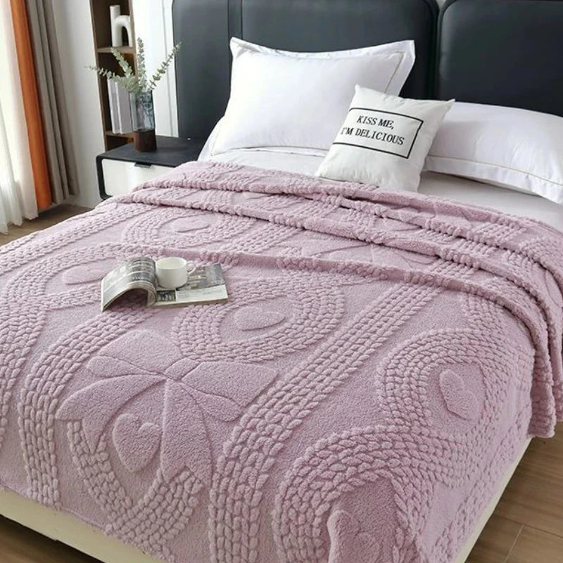 Office Thick Coral Fleece Blanket Love Bow Style Three Dimensional Embossed Quilt Warm Cold Resistant Home Decorations Julia M LifeStyles