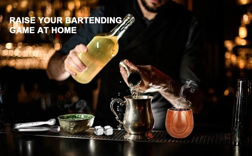 Charred Wooden Bourbon Whiskey Glass Set with Ice Cube Gift Julia M LifeStyles