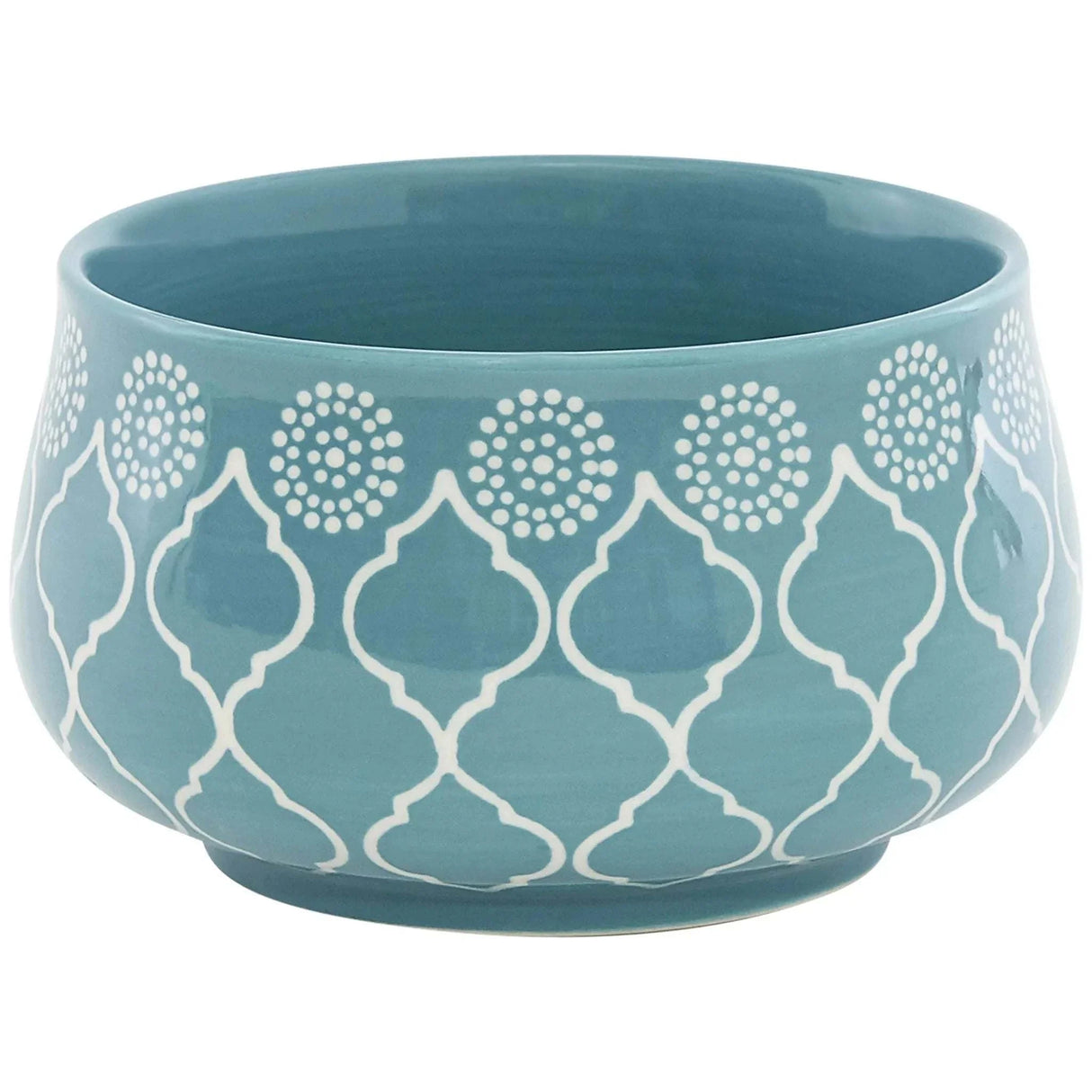 Trellis 16-piece ceramic dinnerware set in turquoise with elegant trellis design arranged for four people