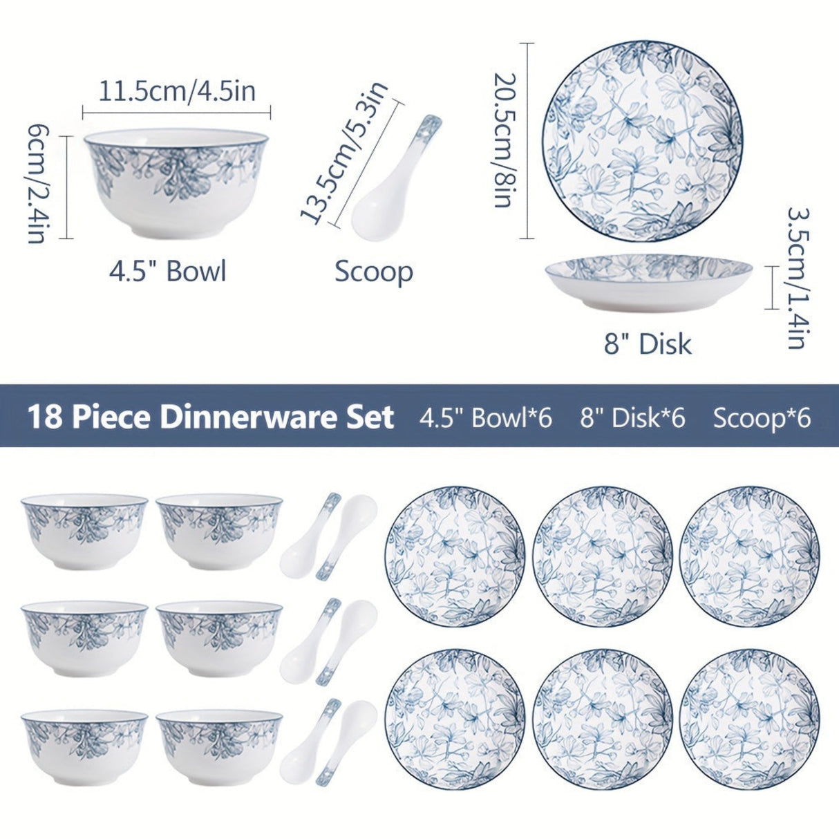 18-piece dinnerware set with measurements and layout on a white background
