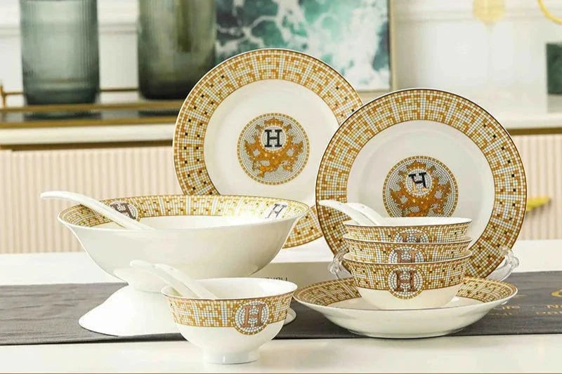 60 Pcs Golden Mosaic Eco-Friendly Porcelain Tableware Set Julia M LifeStyles