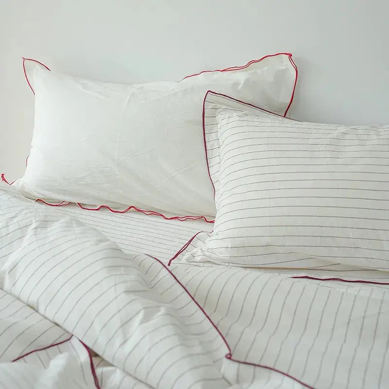 100%Washed Cotton Duvet Cover Set Comfy Simple Stripe Textured Soft Twin Double Queen Bedding set Flat/Fitted Sheet Pillowcases - Julia M LifeStyles