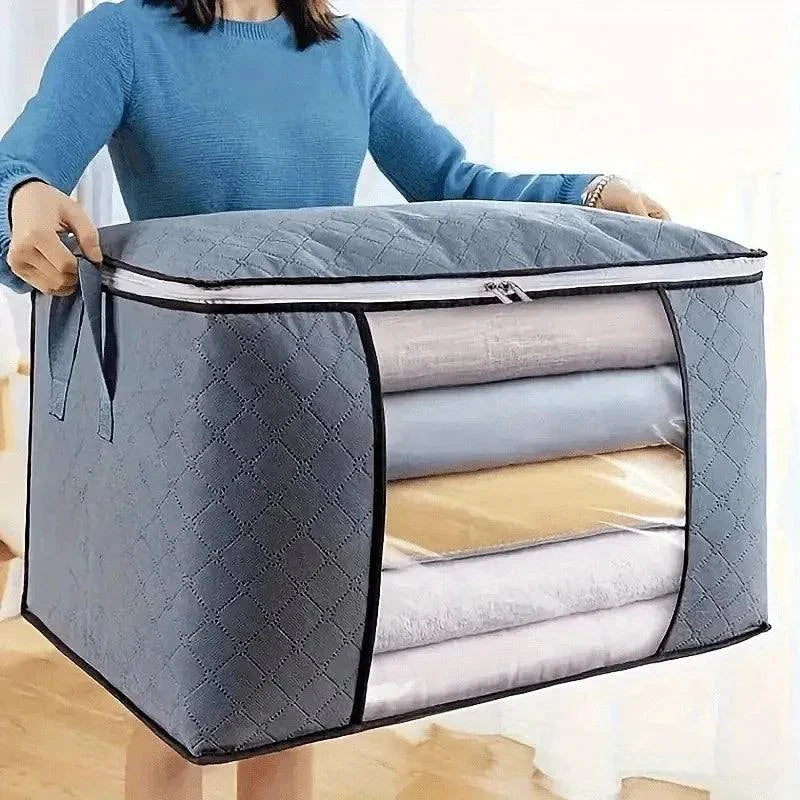 Extra large portable storage bag for clothing and quilts with window and sturdy handles