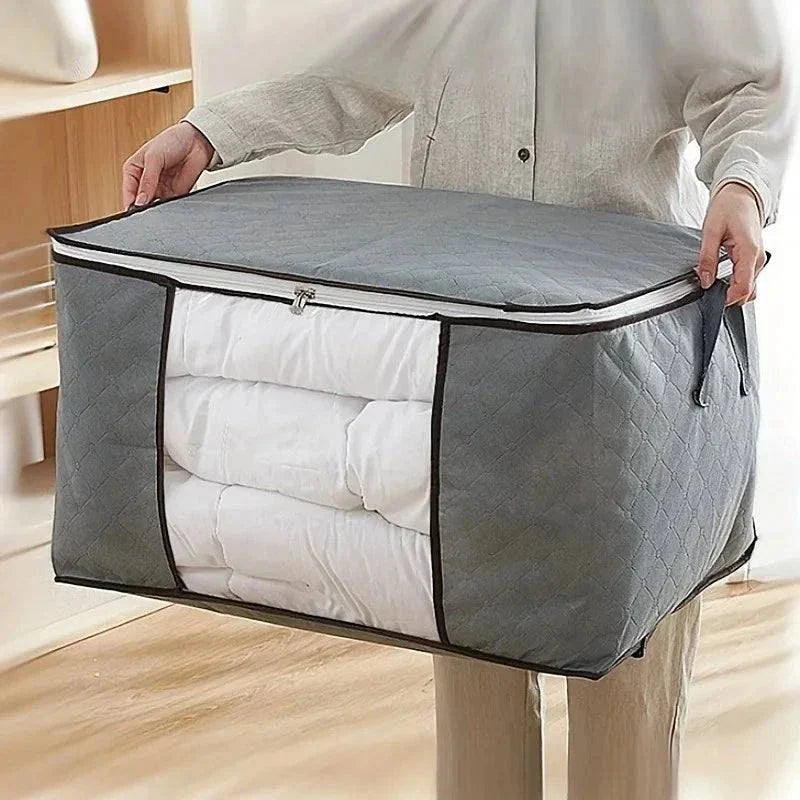 Extra large portable storage bag for clothing and quilts with clear window and sturdy handles
