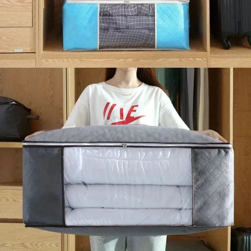Extra large portable storage bag for clothing and quilts with clear window and sturdy handles