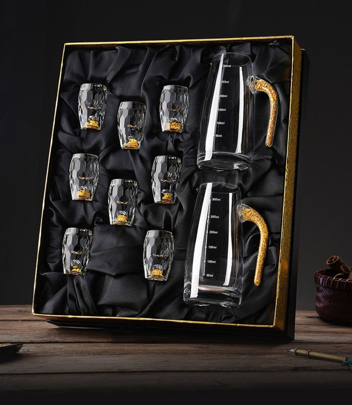 Crystal Glass Wine Decanter Set with Gold Foil Shot Cup Julia M LifeStyles