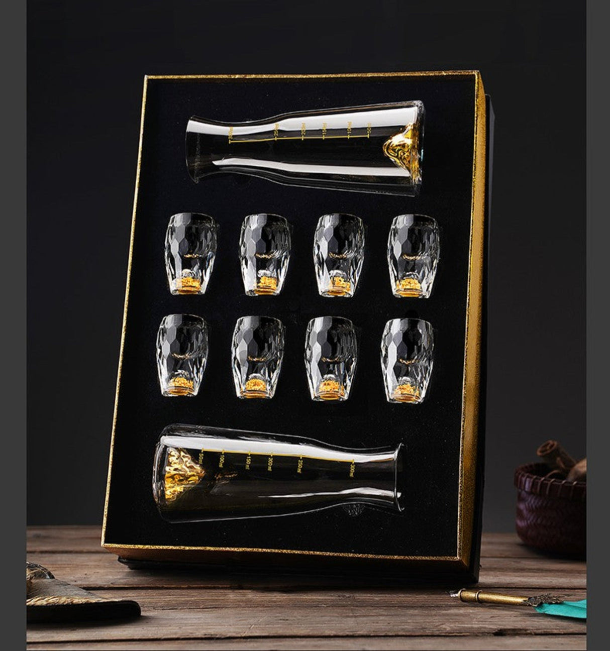 Crystal Glass Wine Decanter Set with Gold Foil Shot Cup Julia M LifeStyles