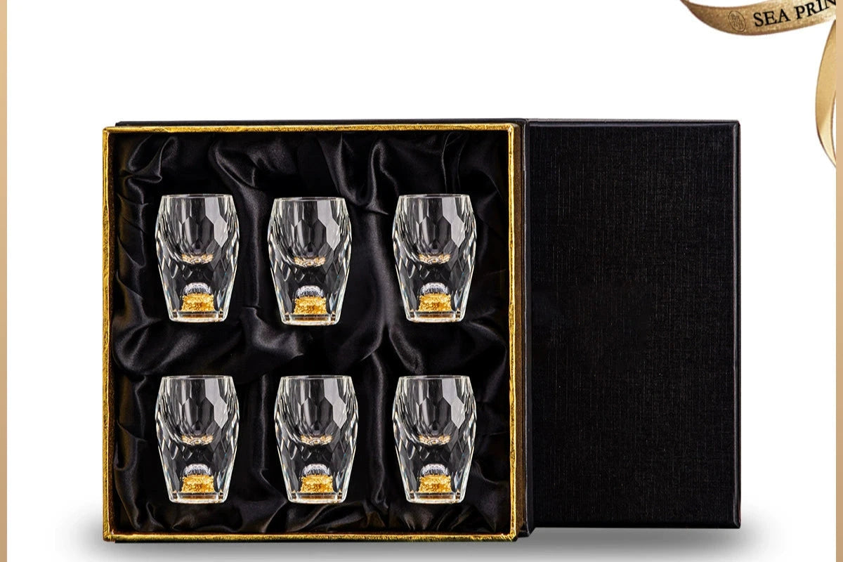 Crystal Glass Wine Decanter Set with Gold Foil Shot Cup Julia M LifeStyles