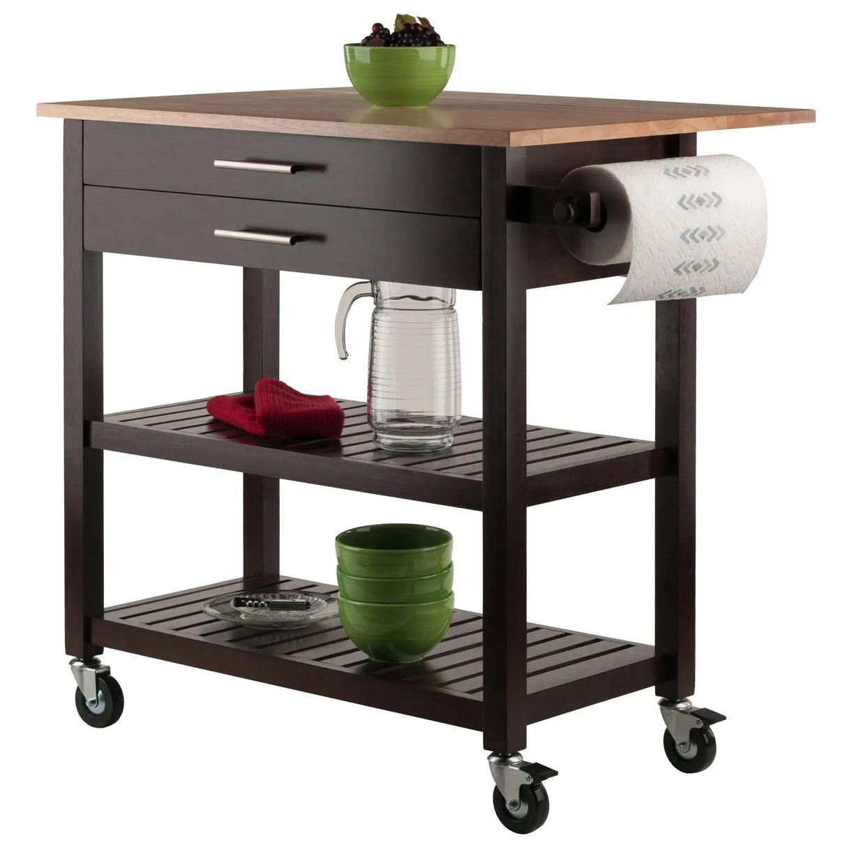 Langdon Modern Kitchen Cart with Drop Leaf Cappuccino and Natural Wood Finish Stainless Steel Panel Julia M LifeStyles