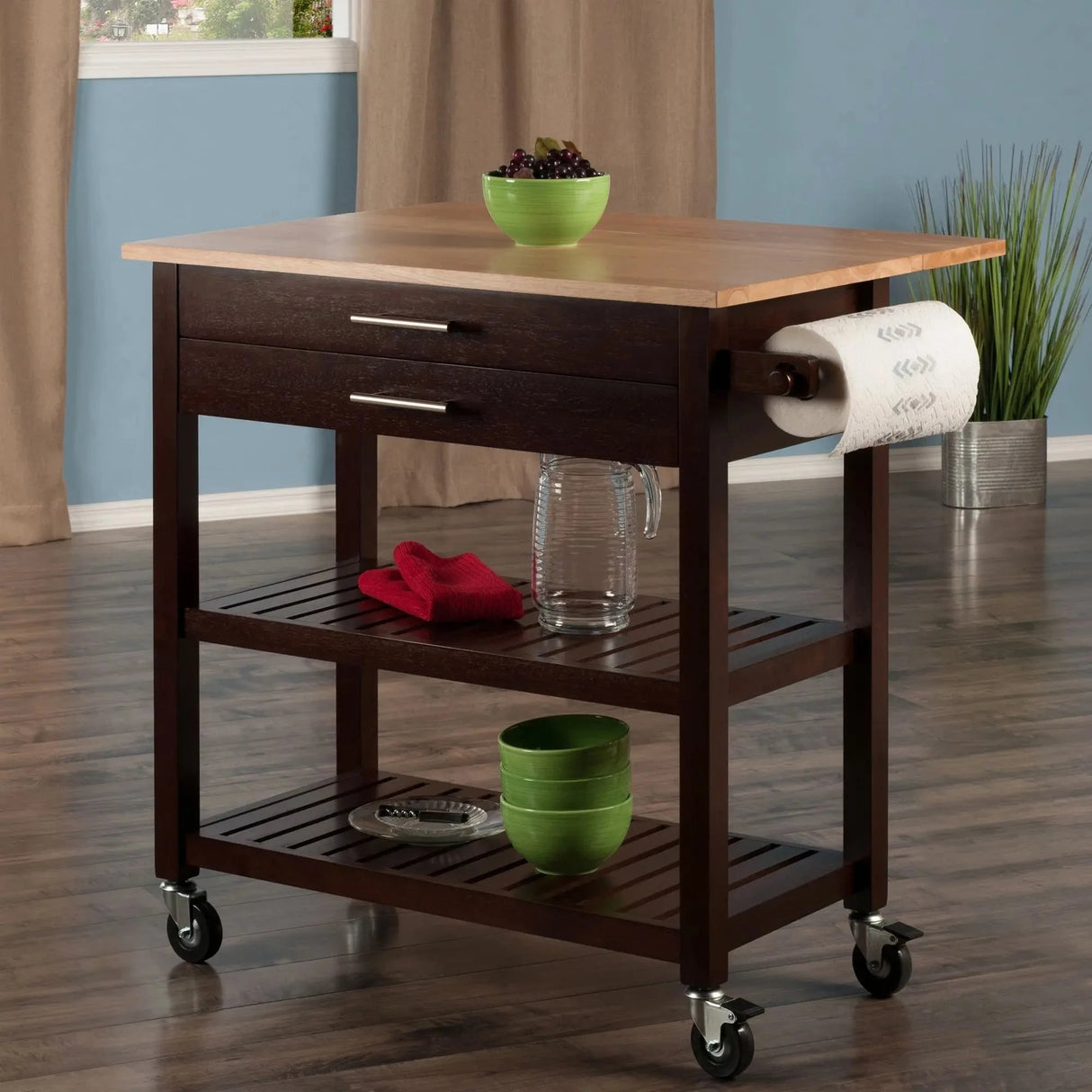 Langdon Modern Kitchen Cart with Drop Leaf Cappuccino and Natural Wood Finish Stainless Steel Panel Julia M LifeStyles