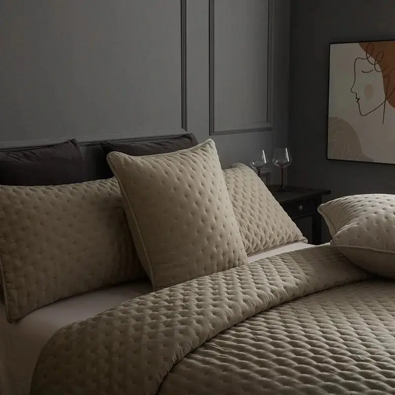 Stitch Taupe Reversible Quilt Set with Pillow Shams - Ultra Soft Microfiber - Julia M LifeStyles