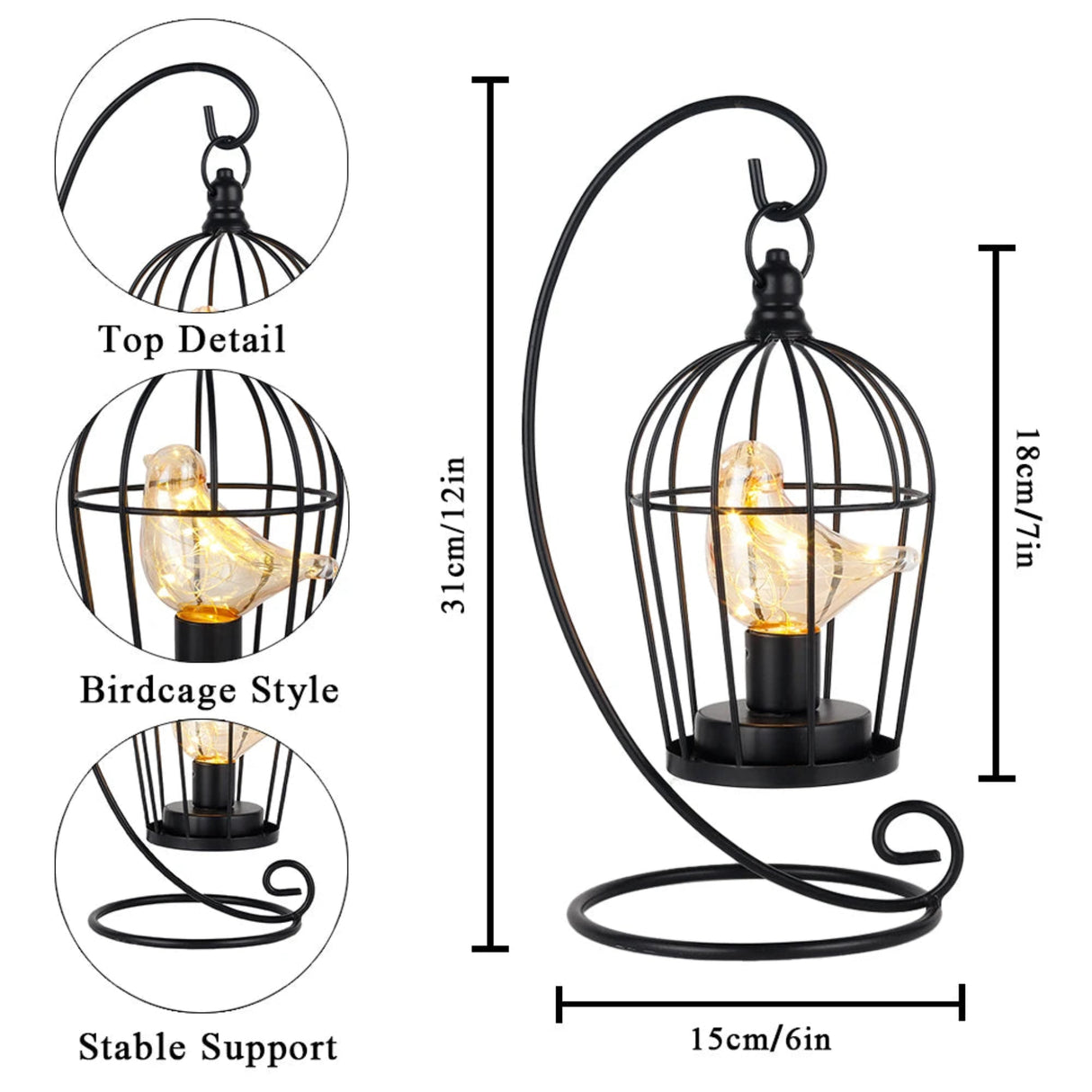 Decorative lamp with birdcage design and detailed measurements on a white background