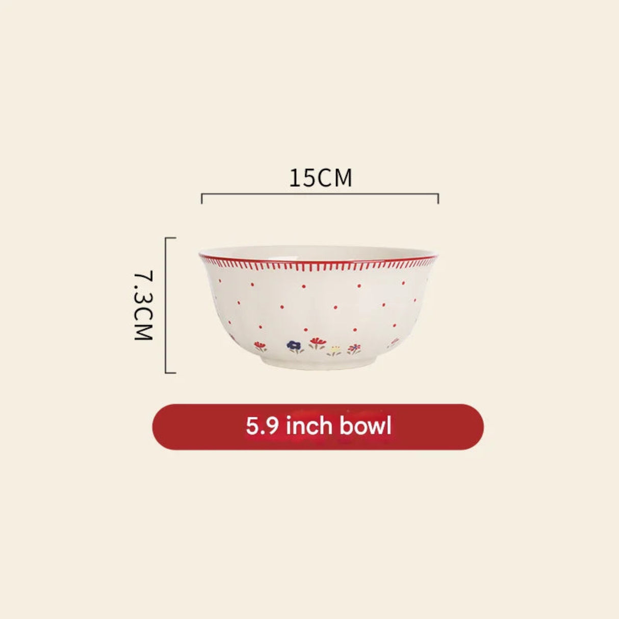 Measurement of a decorative bowl with floral patterns on a beige background