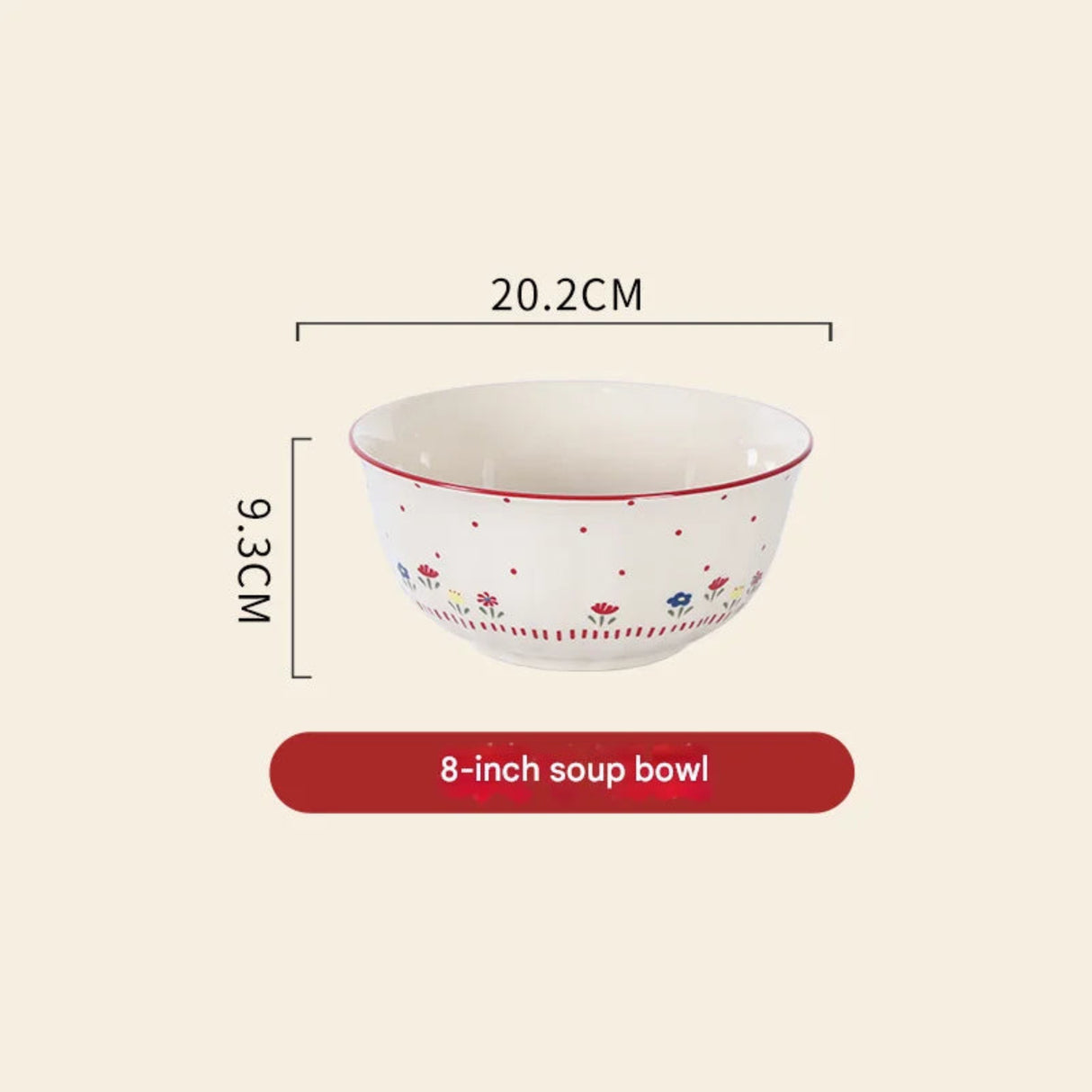 8-inch soup bowl with floral design and dimensions on a beige background