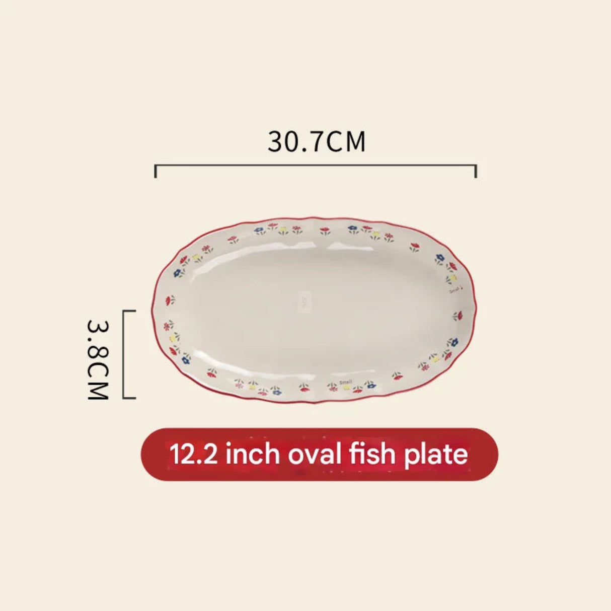 12.2 inch oval fish plate with dimensions on a beige background