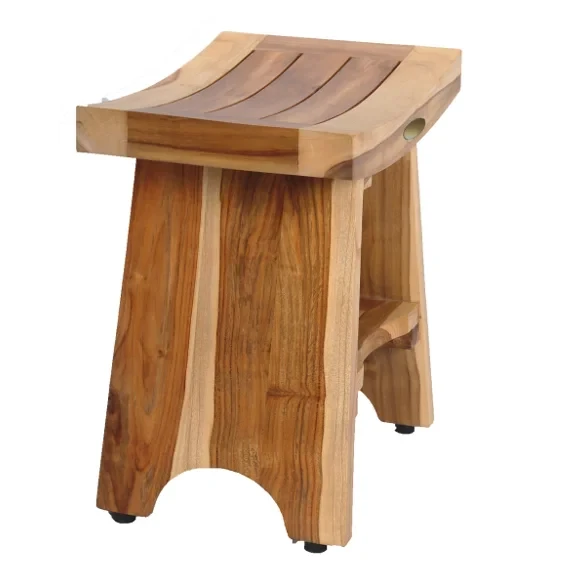 Compact Curvilinear Teak Outdoor Shower Bench with Shelf Julia M LifeStyles