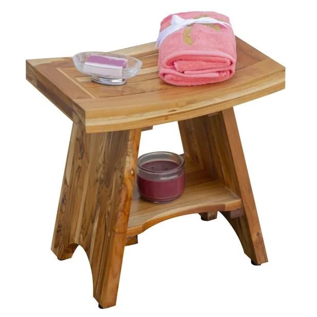 Compact Curvilinear Teak Outdoor Shower Bench with Shelf Julia M LifeStyles