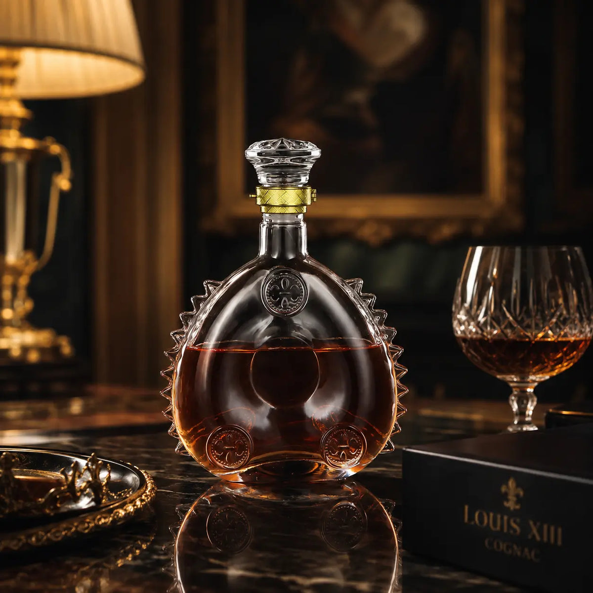A Louis XIII cognac glass decanter with an ornate sculpted base and a crystal stopper, filled with amber cognac, displayed on a dark marble table next to a crystal glass and a Louis XIII cognac box.