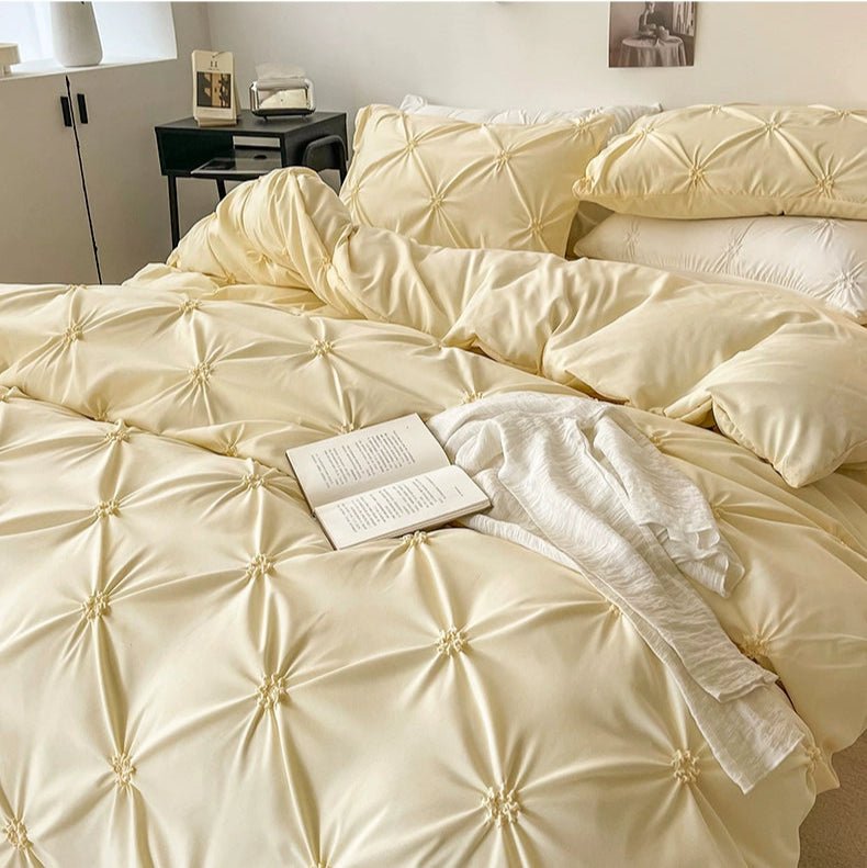 Lovey Cosy South Korea Accessible Luxury New Arrival Twisted Flower Washed Cotton Brushed Princess Cream Yellow Four-Piece Bedding Set - Julia M LifeStyles