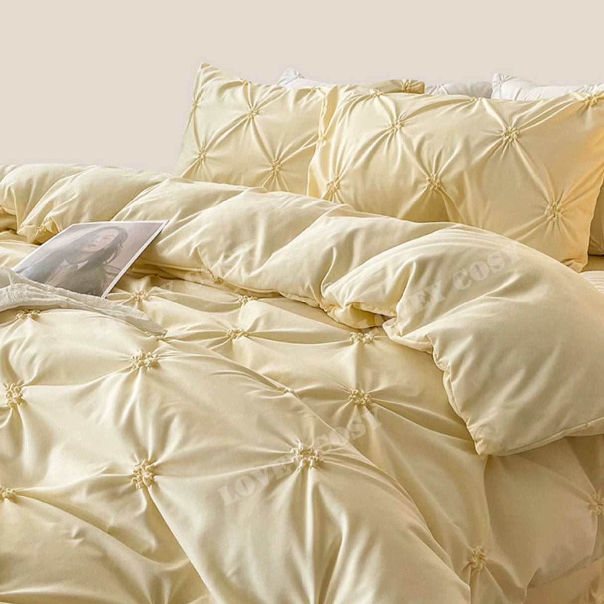 Lovey Cosy South Korea Accessible Luxury New Arrival Twisted Flower Washed Cotton Brushed Princess Cream Yellow Four-Piece Bedding Set - Julia M LifeStyles