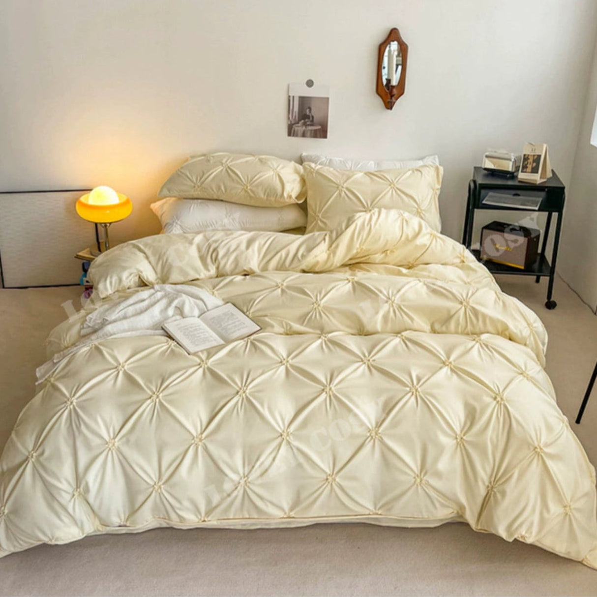 Lovey Cosy South Korea Accessible Luxury New Arrival Twisted Flower Washed Cotton Brushed Princess Cream Yellow Four-Piece Bedding Set - Julia M LifeStyles