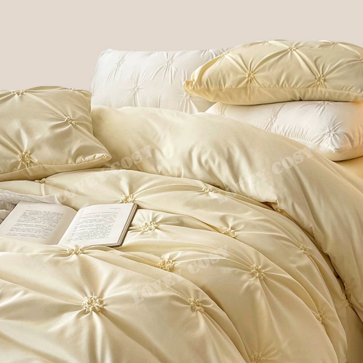 Lovey Cosy South Korea Accessible Luxury New Arrival Twisted Flower Washed Cotton Brushed Princess Cream Yellow Four-Piece Bedding Set - Julia M LifeStyles