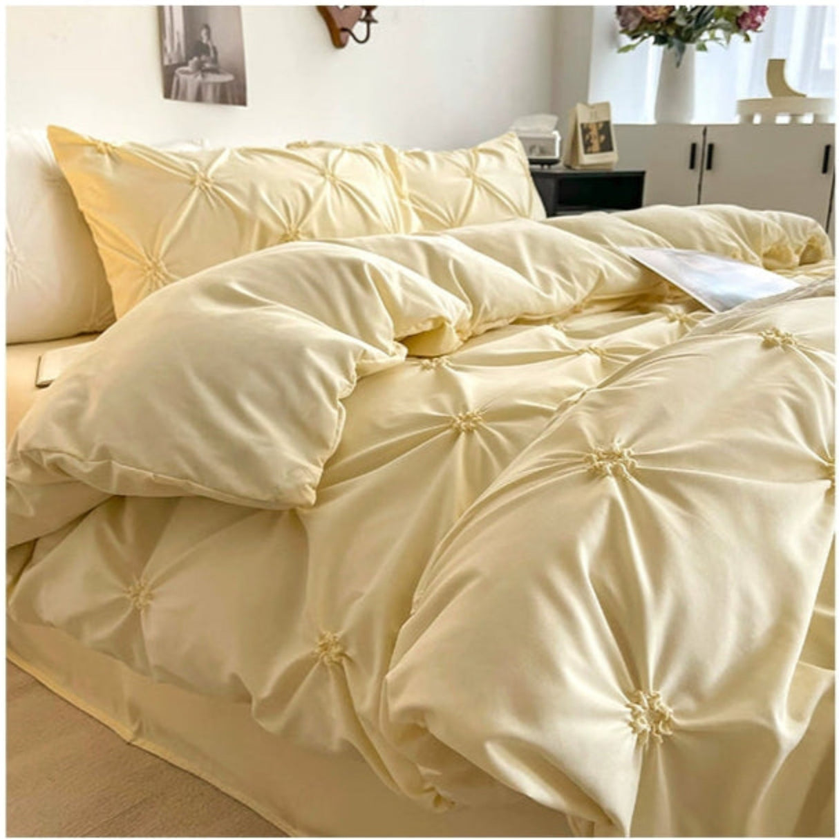 Lovey Cosy South Korea Accessible Luxury New Arrival Twisted Flower Washed Cotton Brushed Princess Cream Yellow Four-Piece Bedding Set - Julia M LifeStyles