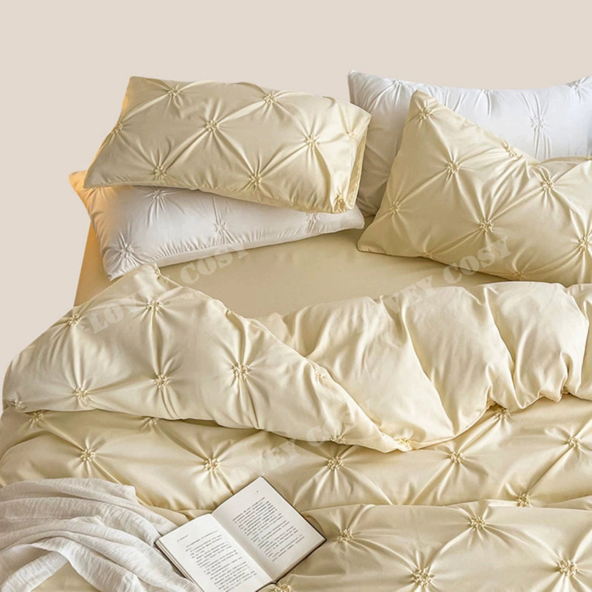 Lovey Cosy South Korea Accessible Luxury New Arrival Twisted Flower Washed Cotton Brushed Princess Cream Yellow Four-Piece Bedding Set - Julia M LifeStyles
