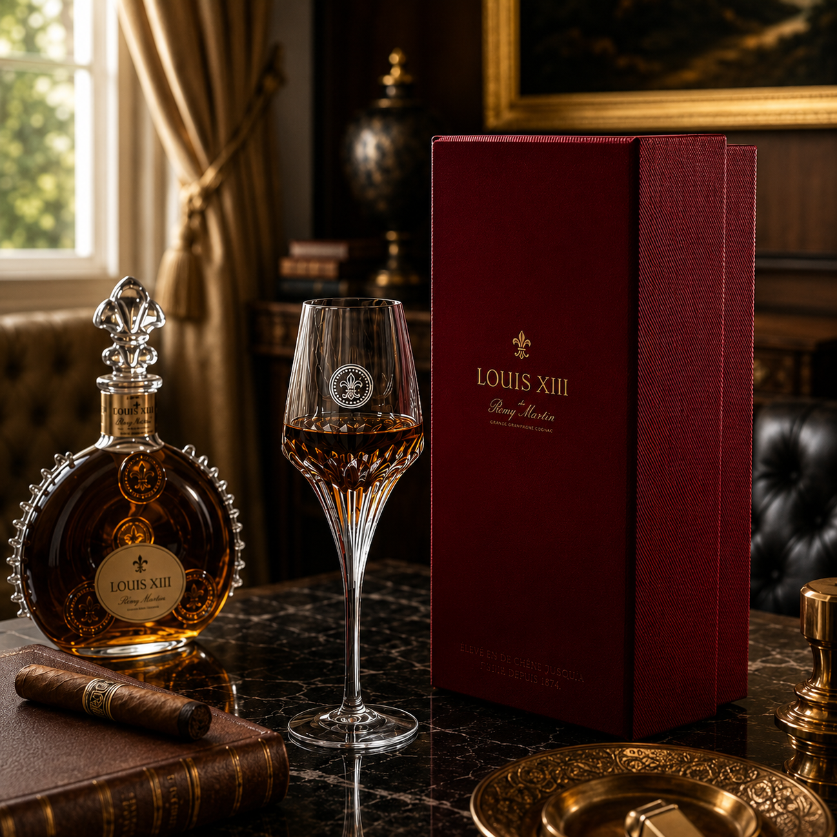 Louis XIII cognac liqueur bottle with a crystal decanter, a coupe glass, and a deep burgundy presentation box on a dark marble table in an elegant room setting.