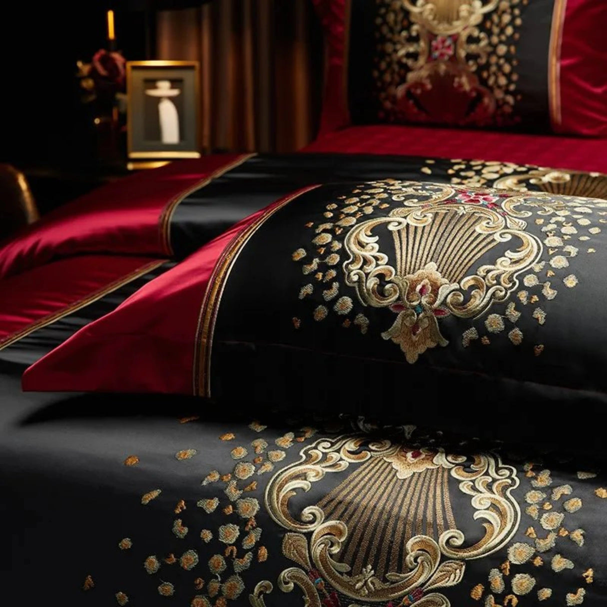 Luxury Black Red Silk Satin & Egyptian Cotton 8Pcs Bedding Set with Embroidery - Julia M LifeStyles
