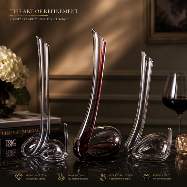 Three elegant clear crystal wine decanters with sculptural curved necks and wide rounded bases, arranged on a reflective tabletop beside a glass of red wine and a book. The scene is warmly lit with decorative flowers and framed wall art in the background.