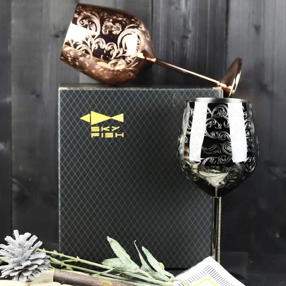 Stainless Steel Wine Glasses With Black Plated etched with intricate and authentic baroque engravings Royal style wine goblets - Julia M LifeStyles