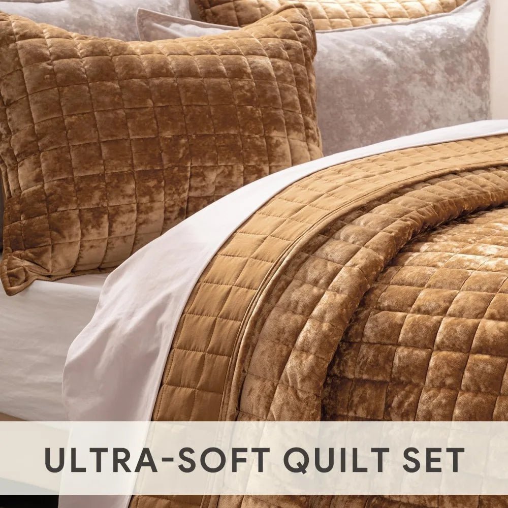 Velvet Quilt King Size, Luxury Velvet Bedding Set,Lightweight Comforter Set, Velvets Bedspread Coverlet with 2 Pillow,Gold - Julia M LifeStyles