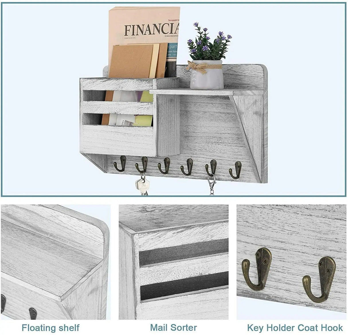 Elegant Wooden Wall Mounted Key and Mail Organizer with 6 Hooks - Julia M LifeStyles