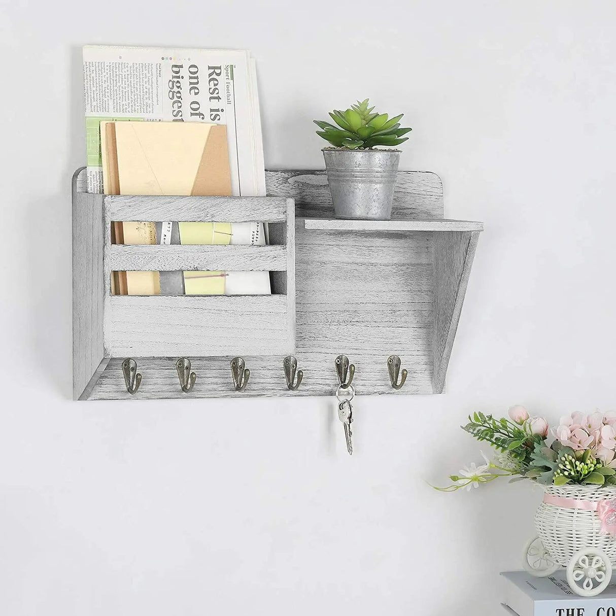 Elegant Wooden Wall Mounted Key and Mail Organizer with 6 Hooks - Julia M LifeStyles