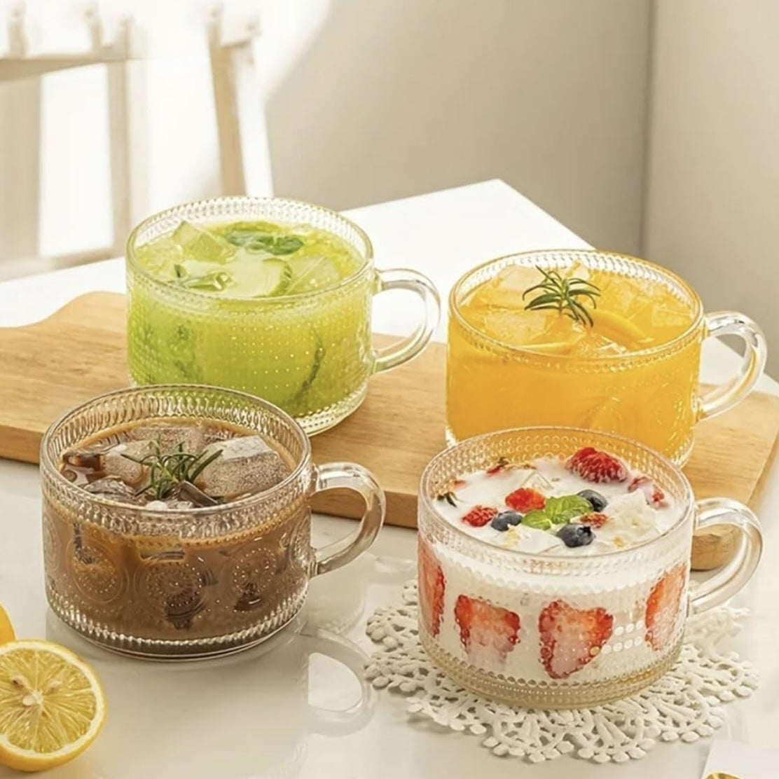 Vintage 14 Oz Embossed Glass Coffee and Tea Mugs