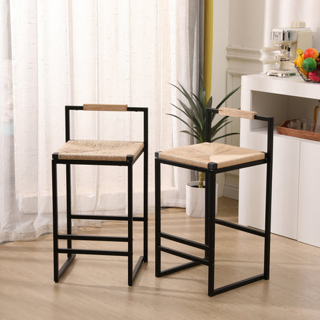Elegant Set of 2 Handwoven Paper Rope Bar Stools with Metal Frame