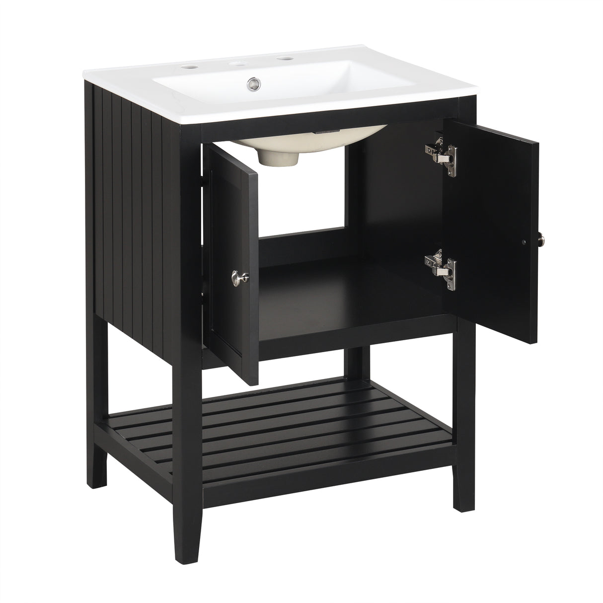 24" Black Modern Sleek Bathroom Vanity Elegant Ceramic Sink with Solid Wood Frame Open Style Shelf