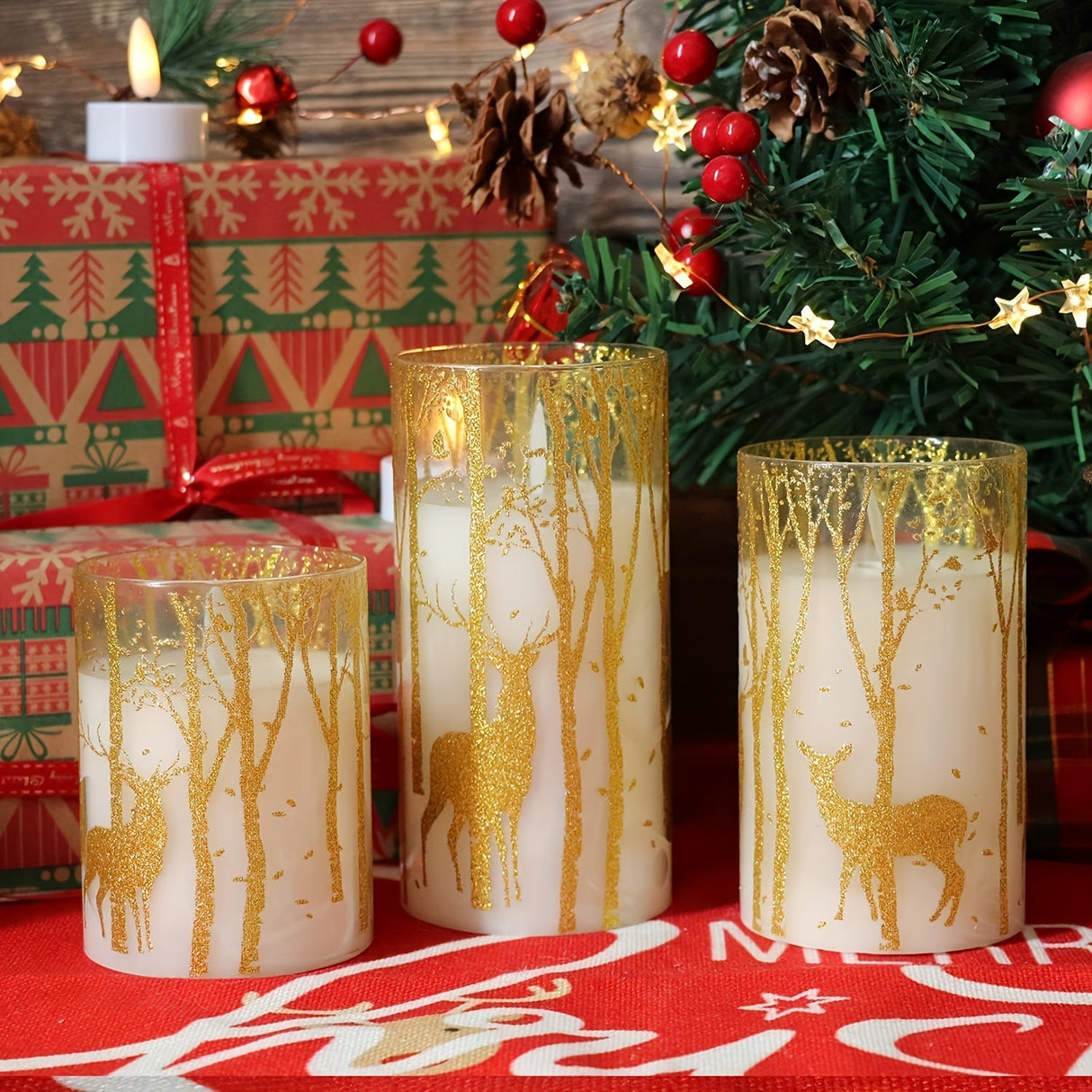 3pcs Real Wax Pillar Candles With Deer Decoration And A Remote Control Timer, Powered By Batteries, With LED Flickering Lights, For Holiday Decoration, Valentine's Day, Confession, Proposal Gift, Parties, Outdoor Camping, Chr Julia M LifeStyles